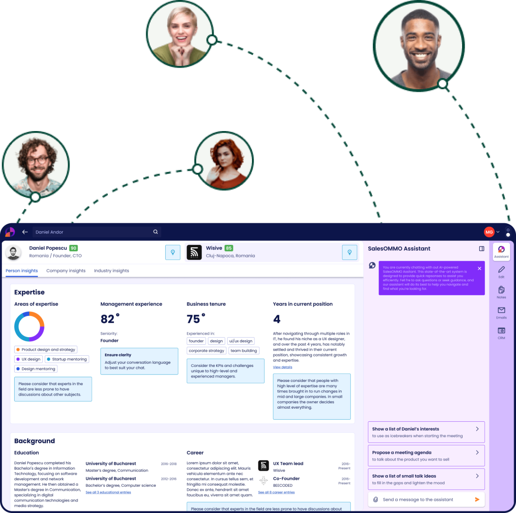 SalesOMMO Executive Brief interface showing person insights, industry data, and qualification scores for sales meeting preparation.
