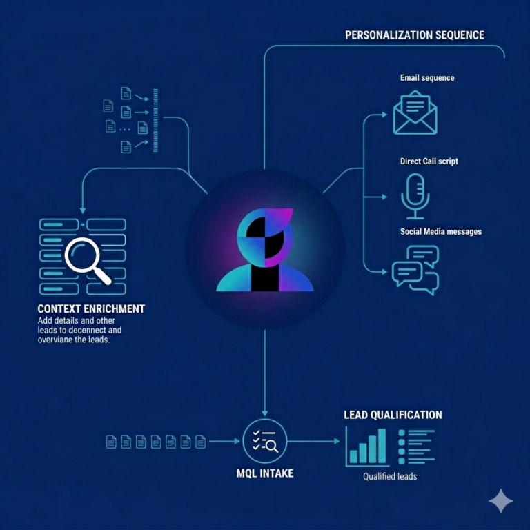: Diagram showing the SalesOMMO Agentic-AI workflow, including MQL intake, context enrichment, lead qualification, and personalization sequences.