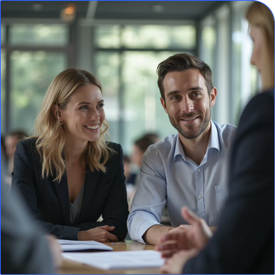 Two sales professionals smiling during a successful, personalized client meeting, enabled by SalesOMMO GTM Intelligence.