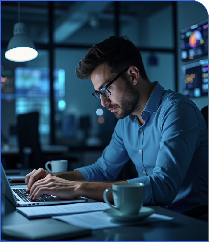 Tired sales professional working late at night on a laptop in an office, illustrating the challenge of lead research and qualification.